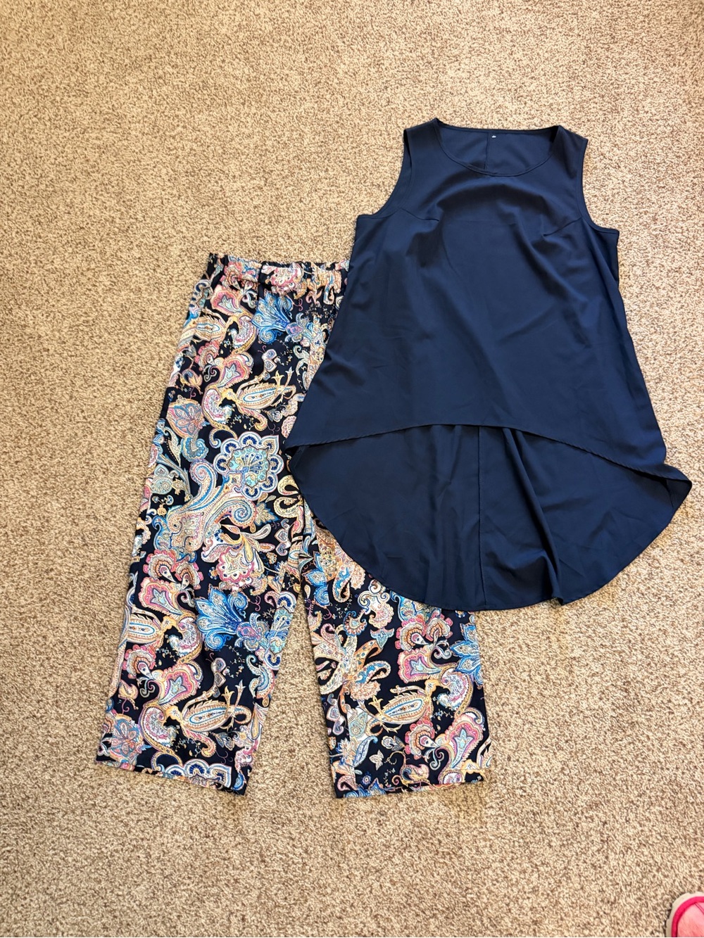SHEIN Navy High-Low Tank with Multicolor Paisley Capris